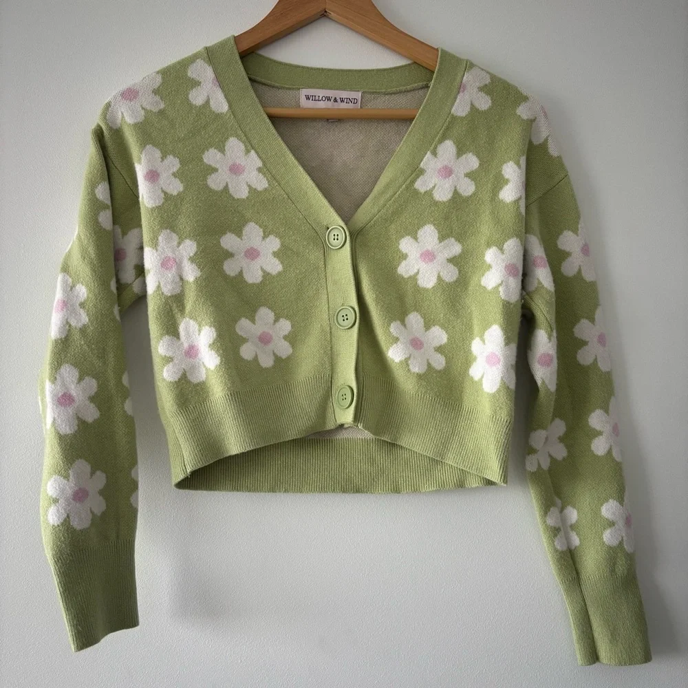 Willow & Wind Cropped Daisy Green Buttoned V-Neck Floral Retro MCM Cardigan S - Picture 2 of 7